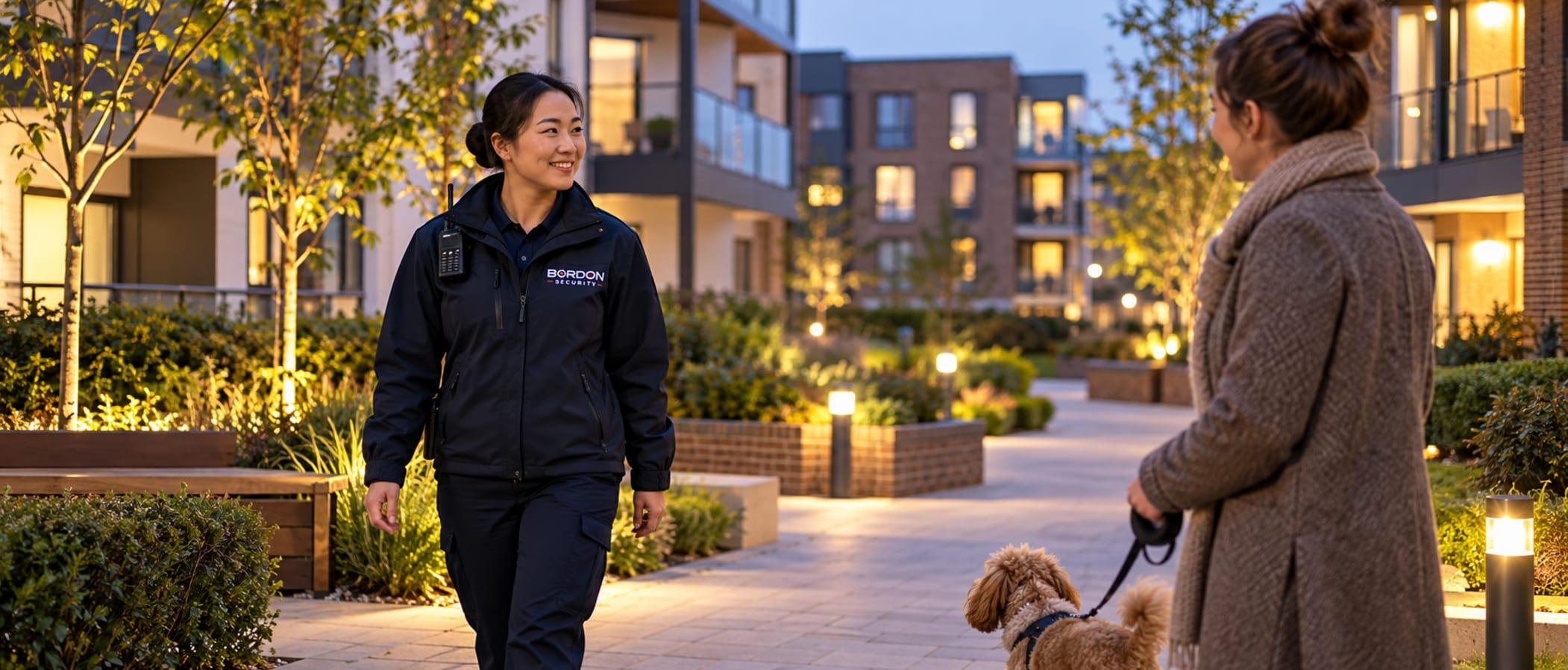 A Bordon Security officer patrols a landscaped residential development in the evening as a resident walks a dog.