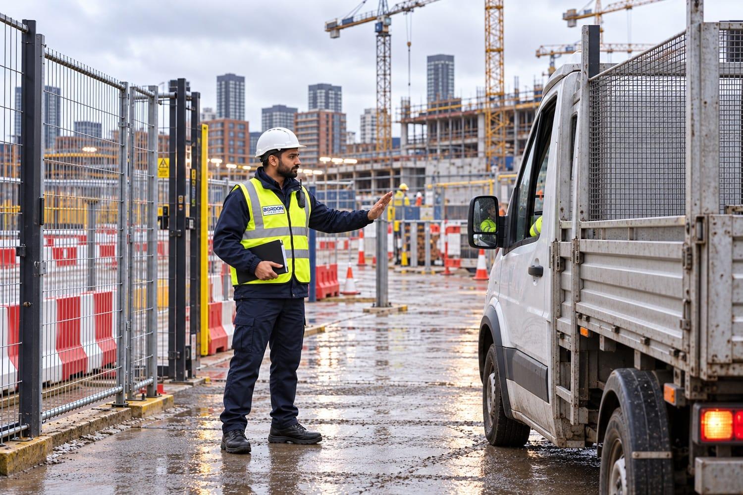 A security officer in a hi-vis vest and hard hat directs a delivery van at the gate of a busy construction site, with cranes and a half-built block behind.
